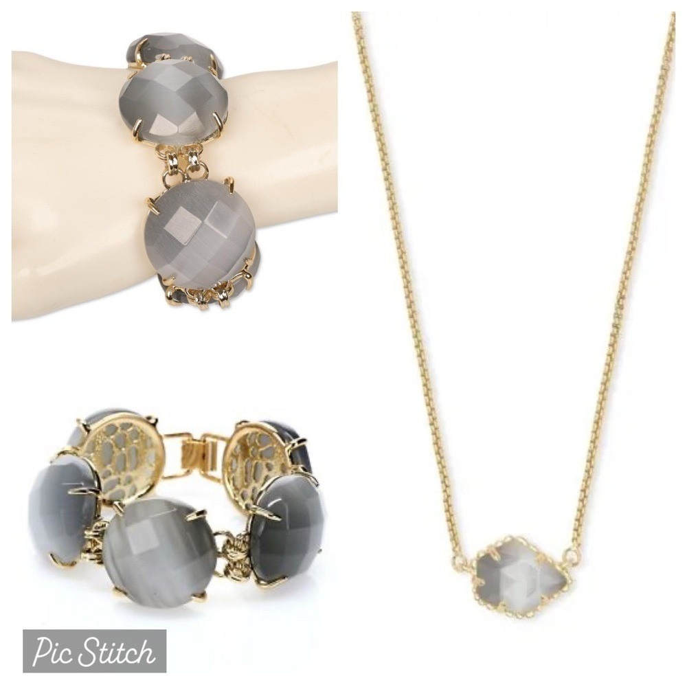 Kendra Scott Jewelry Set Gray Cats Eye Bracelet Necklace Gold Tone Women